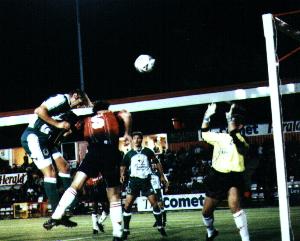 Wazza thunders a header narrowly over at Stevenage on 14th Sept 1998